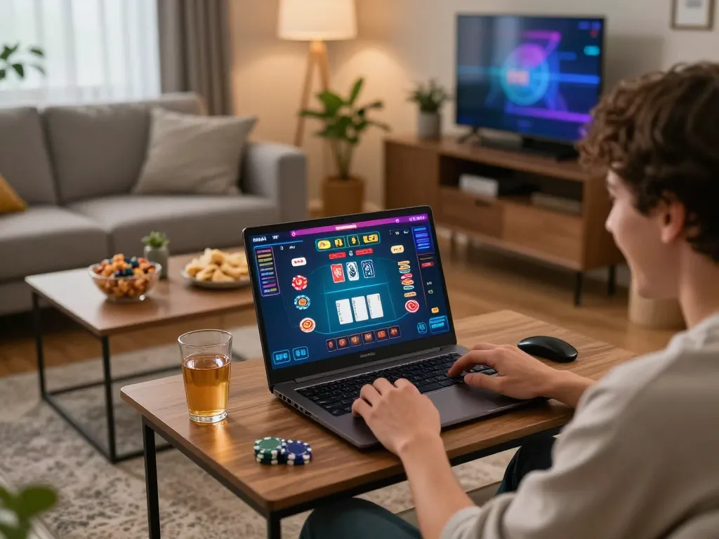 The thrilling moment of playing nhat vip online with a cozy home setup, showcasing a player engaged in a casino game.