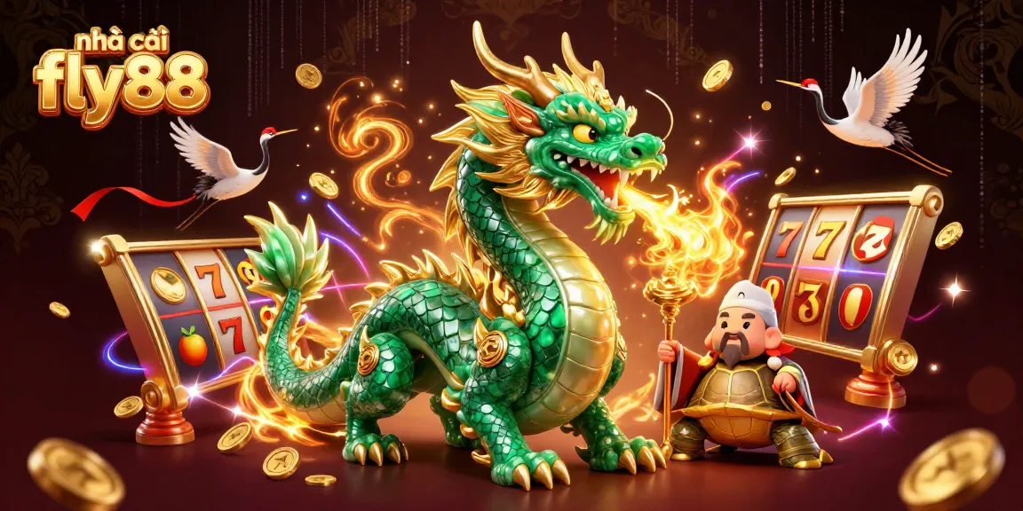 The stunning scene illustrates nhà cái fly88 featuring a jade dragon, turtle sage, and lucky cranes spinning slot reels dynamically.