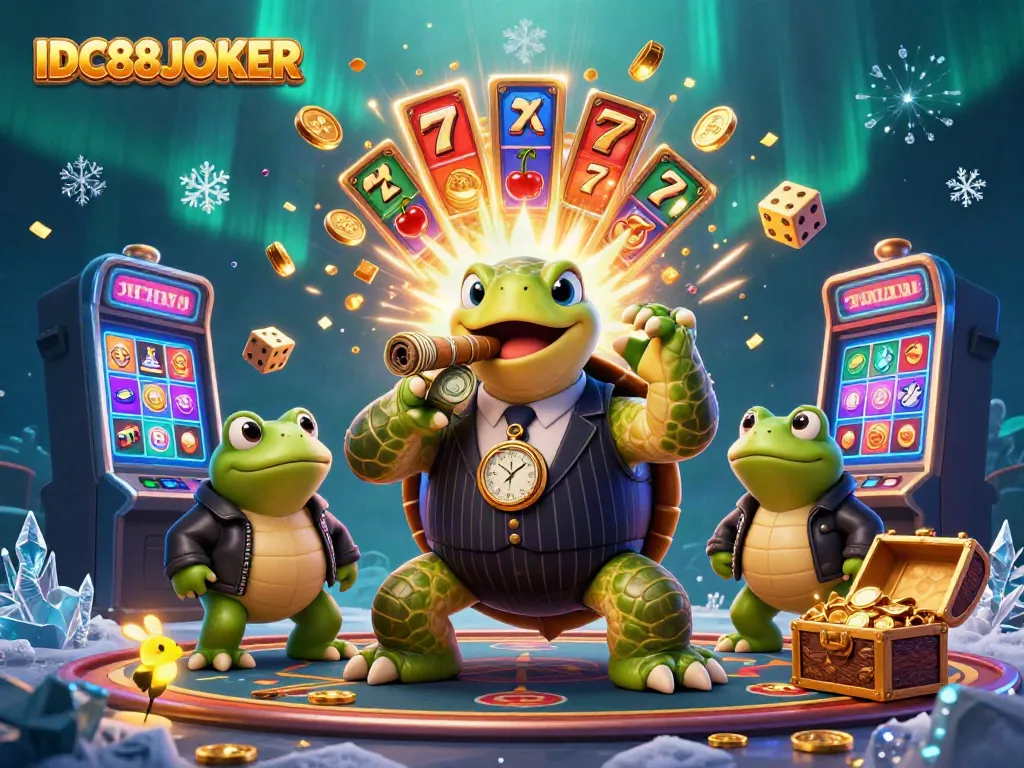 Experience the excitement at IDC88JOKER with a 3D mobster turtle and frog enforcers amidst vibrant casino elements.