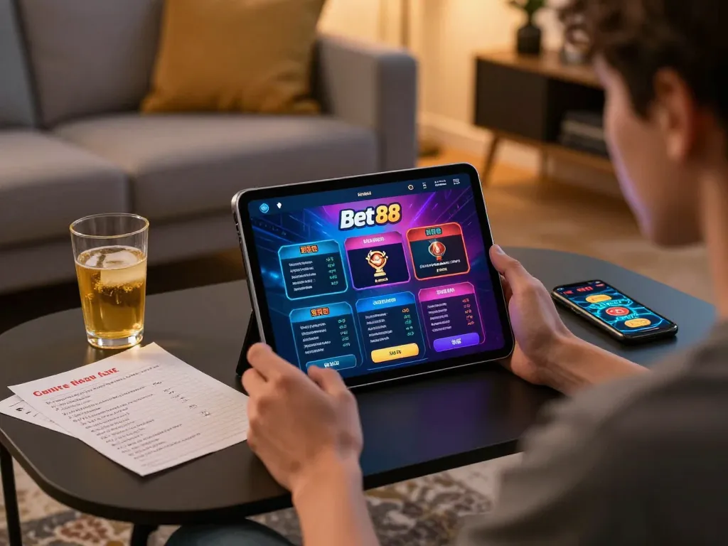Player engaging with Bet 88 online gaming on tablet in a cozy home setting