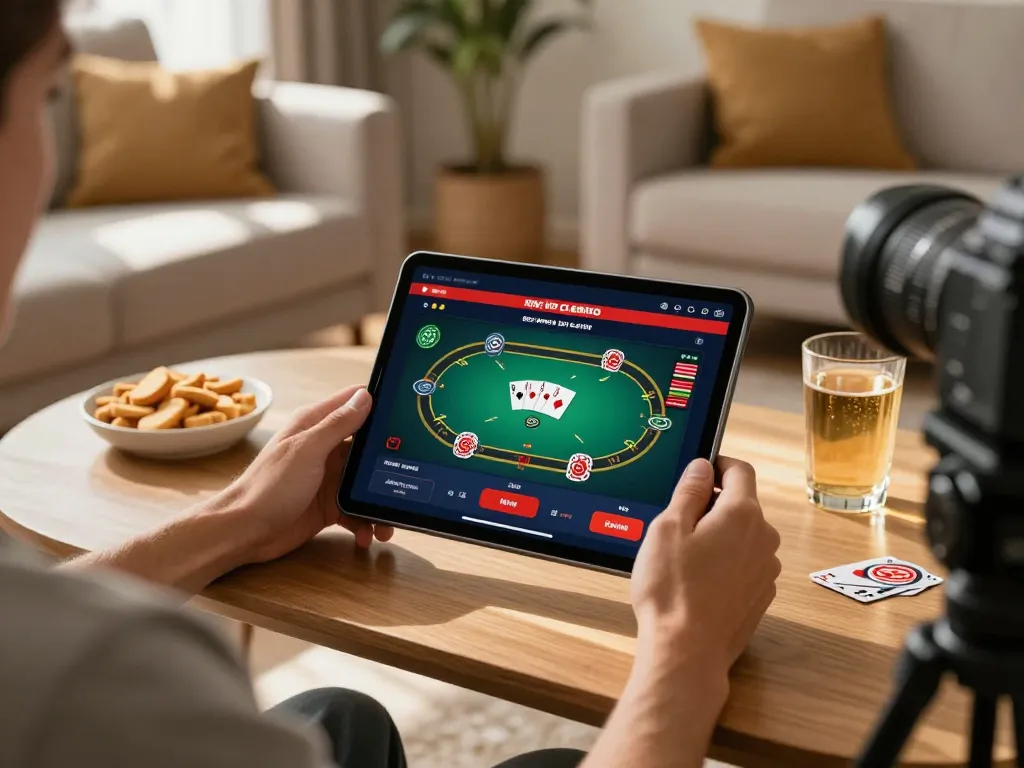 Player enjoying rik vip poker game on tablet, cozy gaming setup at home, relaxed atmosphere.