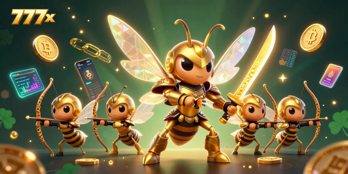 Engage with 777x visuals showcasing a vibrant casino scene featuring unique characters and crypto elements.
