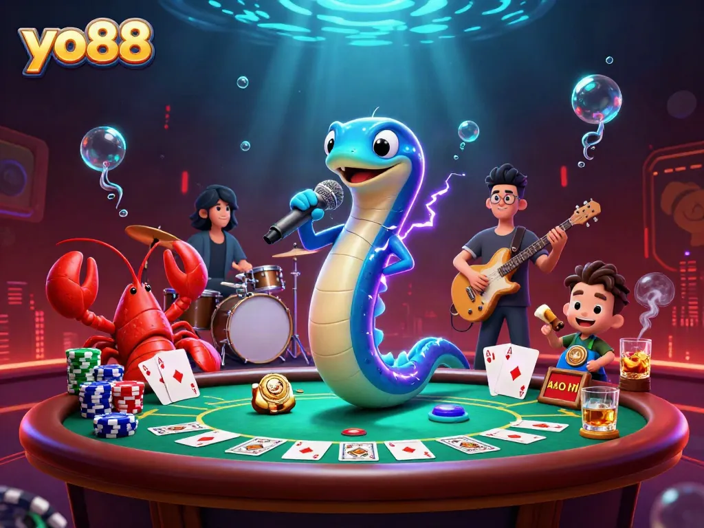 Experience vibrant gameplay with yo88's electric eel DJ in a dynamic casino scene.