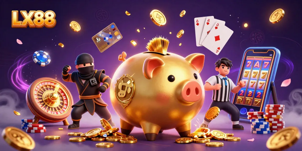 Engage with LX88's thrilling gaming world; dynamic scene with fortune-themed characters and casino elements.