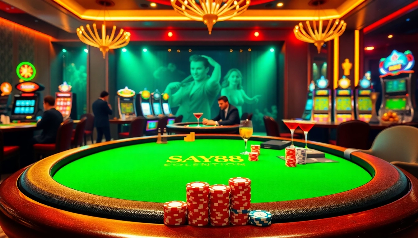 SAY88 player enjoying an upscale casino experience with poker chips and roulette wheel.