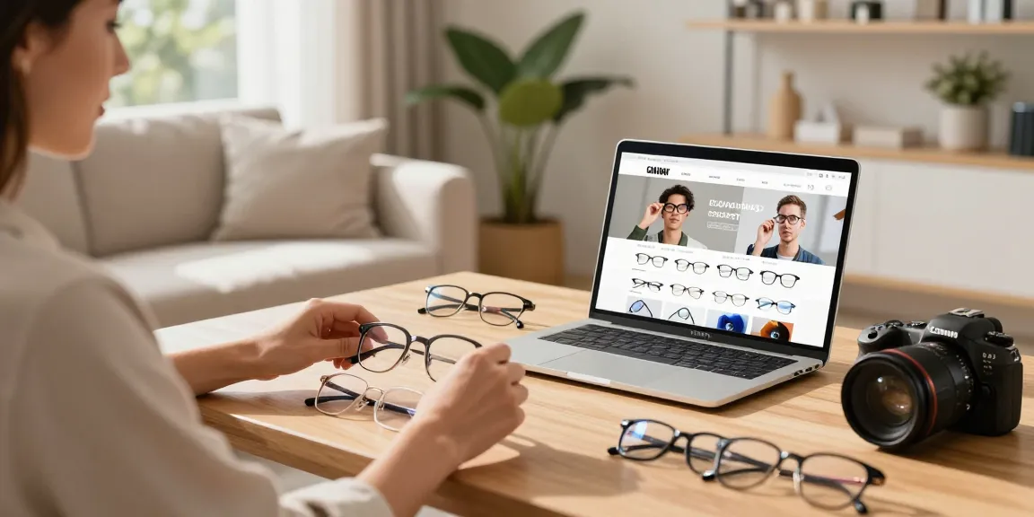 Buying stylish eyeglasses at an ótica online shop with a warm atmosphere.