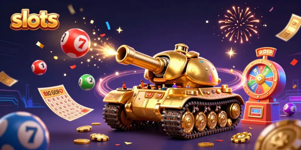 Spin the reels of exciting slots in a vibrant casino-themed 3D illustration filled with action.