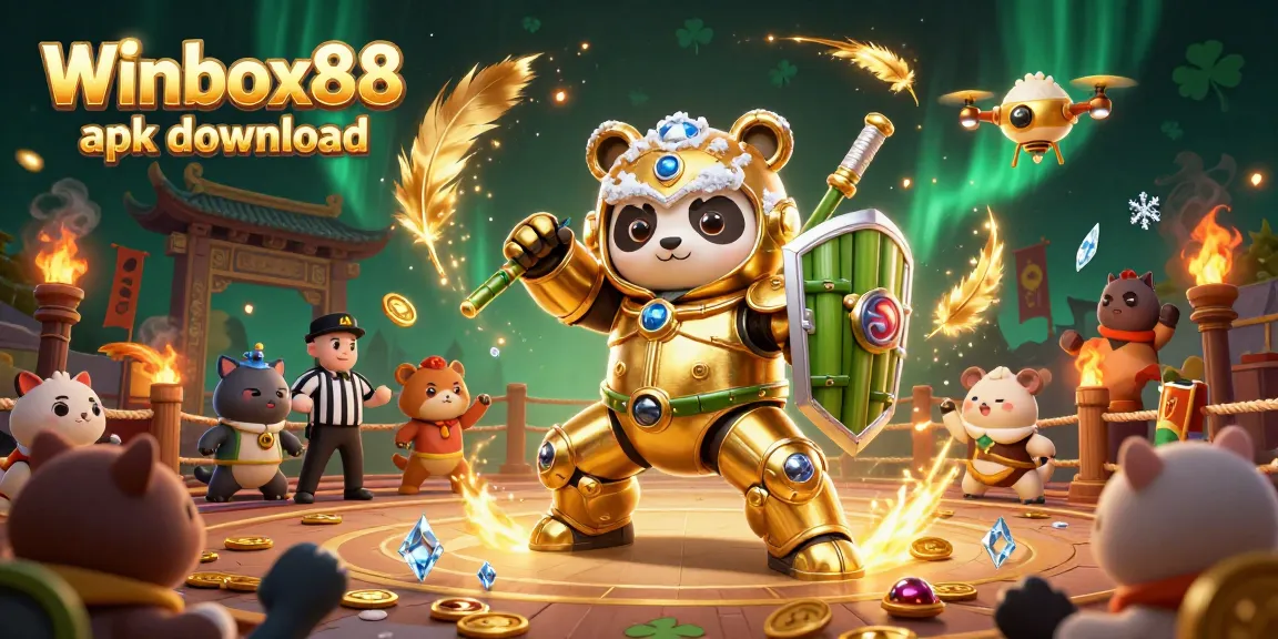 Engage with thrilling gameplay in the Winbox88 apk download arena featuring a golden panda mech.