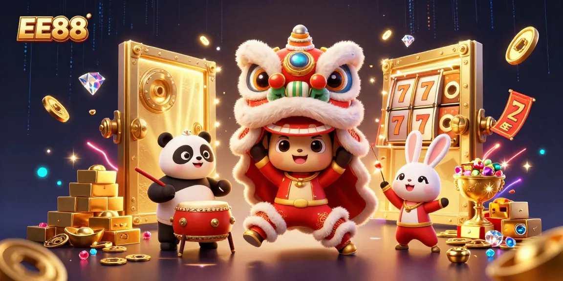 Experience the thrills of winning at EE88 with vibrant visuals of gold, jewels, and animated characters.