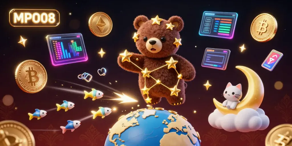 The MPO08 constellation bear showcases a vibrant online casino world filled with crypto elements.