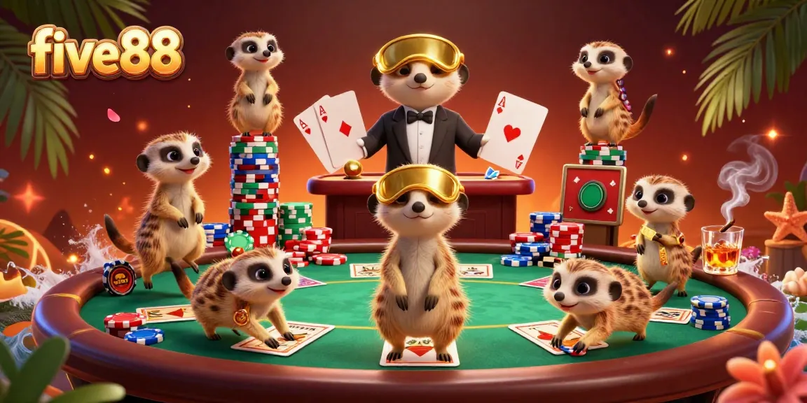 five88 meerkats manage a lively casino with poker chips and vibrant gaming elements