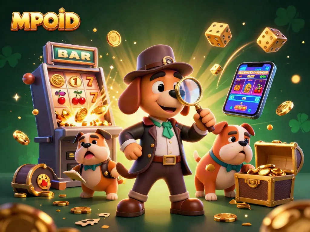 MPOID depicts a thrilling scene of a cartoon detective and bulldog inspecting a poker chip amidst vibrant casino elements.