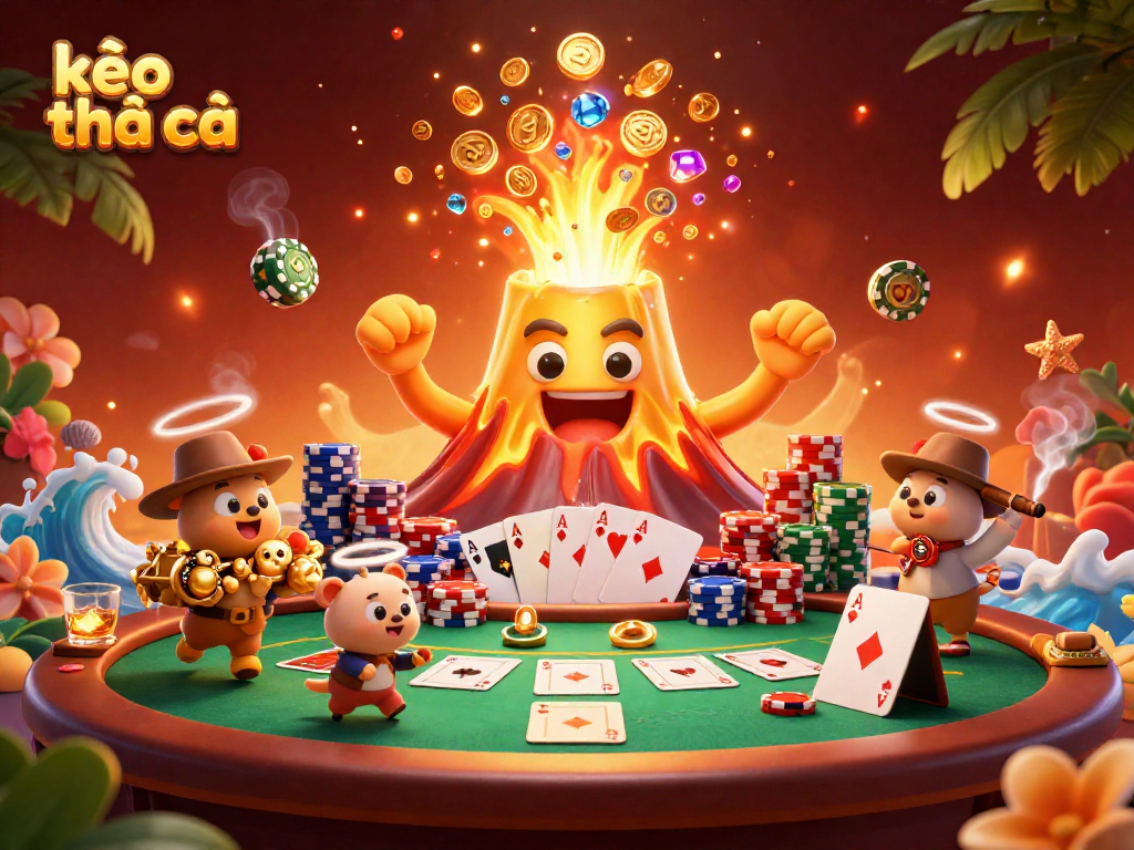 Experience the thrill of kèo nhà cái with gold volcanoes, treasures, and dynamic poker elements.
