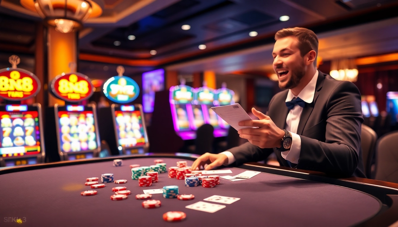 8k8 players enjoying a thrilling casino experience with vibrant poker chips and slot machines.