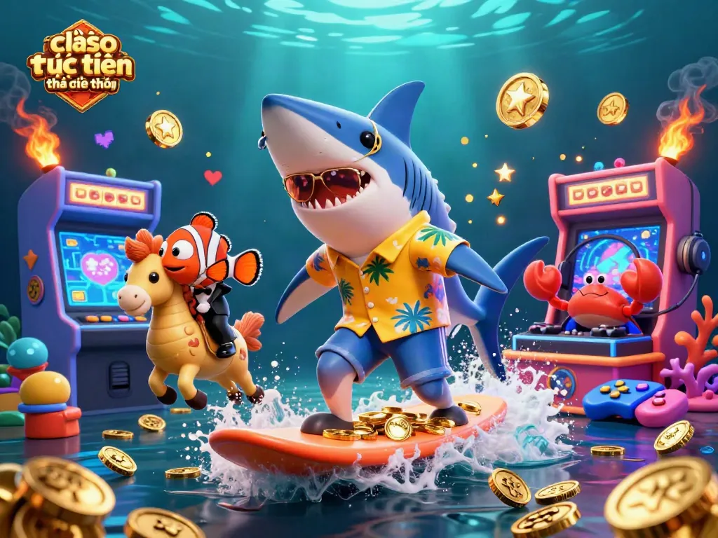 Chơi casino trực tuyến trên điện thoại với hình vẽ hoạt hình 3D sinh động từ cá mập và các yếu tố casino vui nhộn.