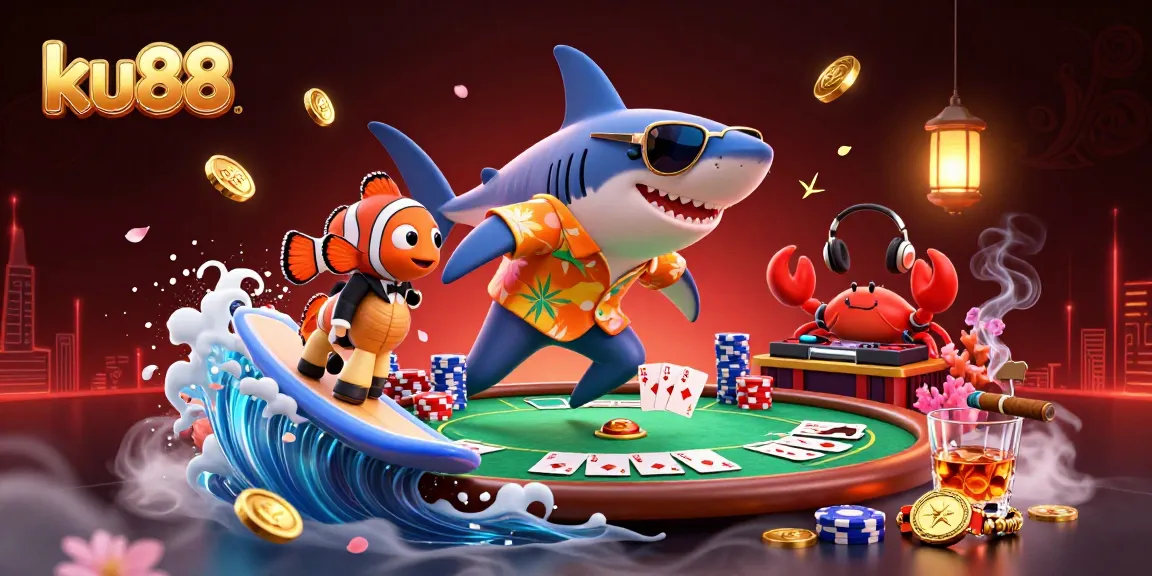 ku88 showcases a vibrant 3D scene with a surfing shark, clownfish, and crab DJ, highlighted by engaging poker elements.