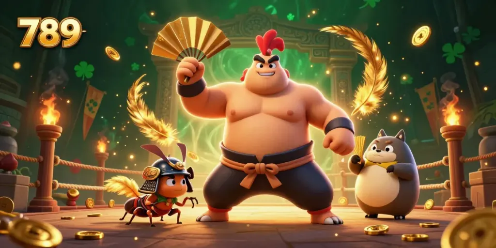 Witness the dynamic clash in 789 casino realm featuring a powerful sumo wrestler and fierce samurai cricket.