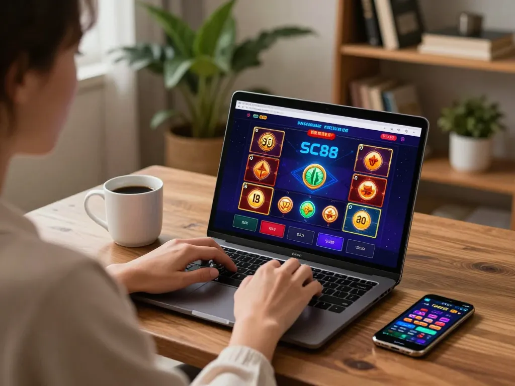 Engaging online gambling at SC88 with user strategizing on laptop in cozy home setting.