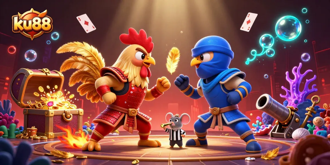 Engage with ku88's dynamic casino roosters facing off in a vibrant gambling-themed illustration.