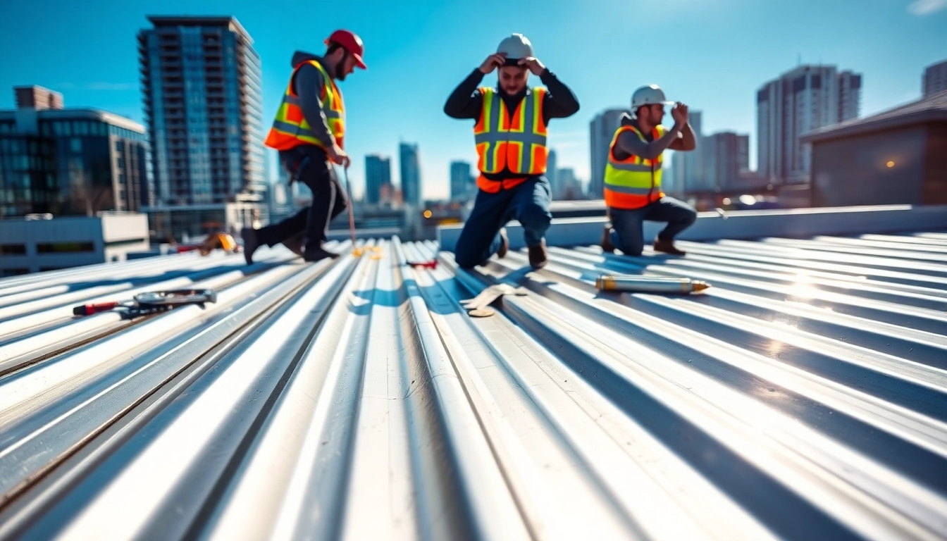 Workers expertly installing metal roofing vancouver in a vibrant urban skyline setting.