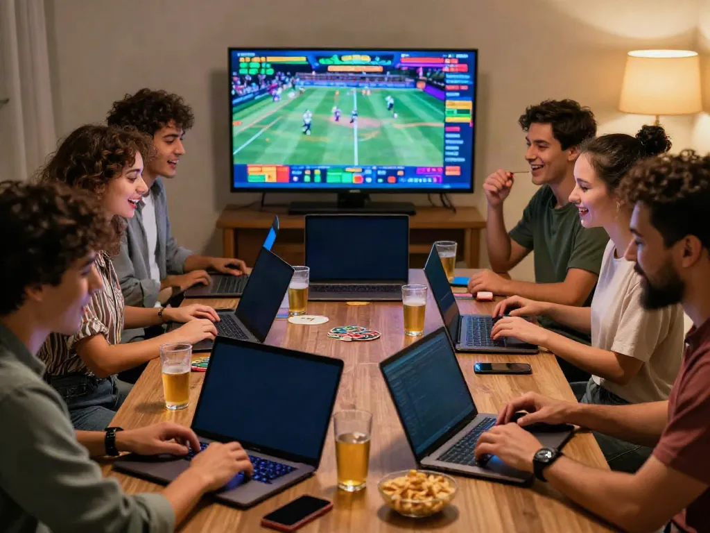 Friends enjoying live betting at https://five88bet.org/ in a lively home setting.
