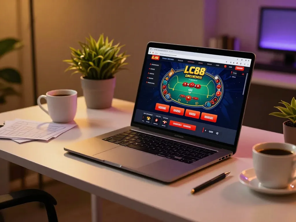Playing on the LC88 online interface from a stylish home office setting, with poker graphics on display.
