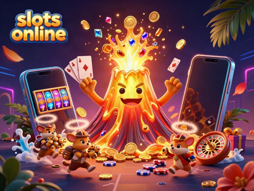 Experience thrilling gameplay in slots online with a vibrant golden volcano and treasure-filled scene.
