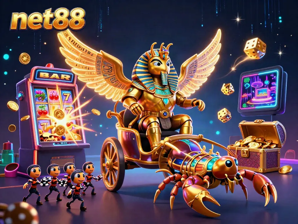 Experience the thrill of net88 with this vibrant 3D slot machine explosion and characters engaging in casino fun.