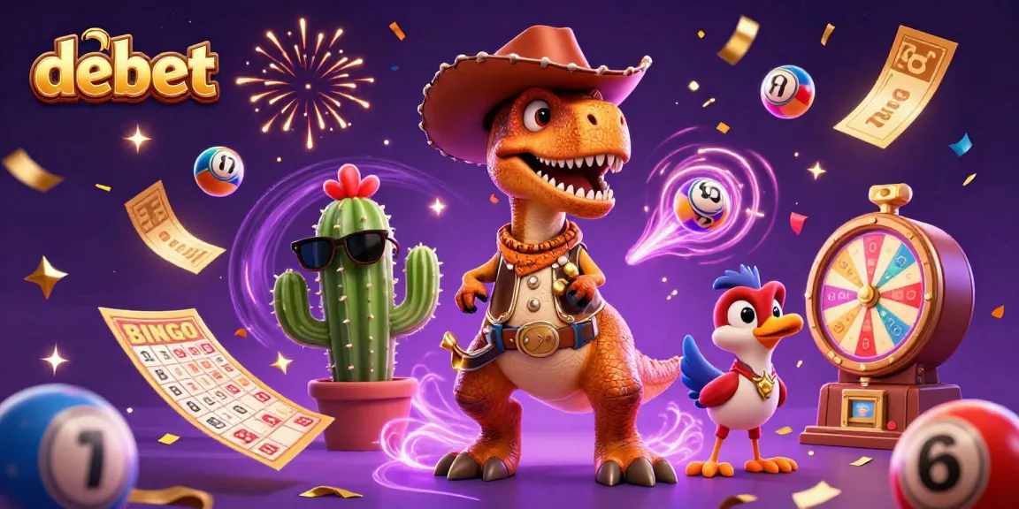 Debet-themed dynamic 3D illustration featuring a T-Rex cowboy, lively lottery elements, and celebratory effects.