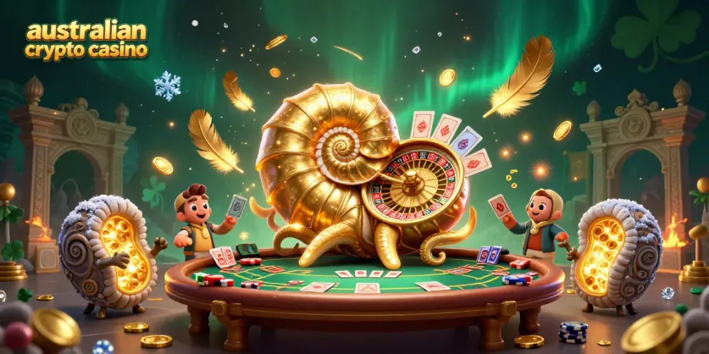 Engage with the vibrant world of the australian crypto casino featuring a giant nautilus as a roulette wheel.