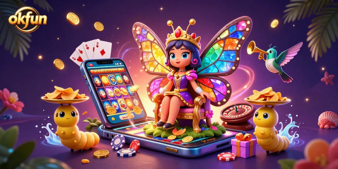 Spin vibrant slot reels with okfun, as a butterfly queen reigns over a dynamic casino scene.