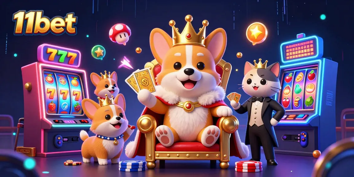 Experience thrilling slots at 11bet with vibrant 3D characters, poker chips, and neon game elements.