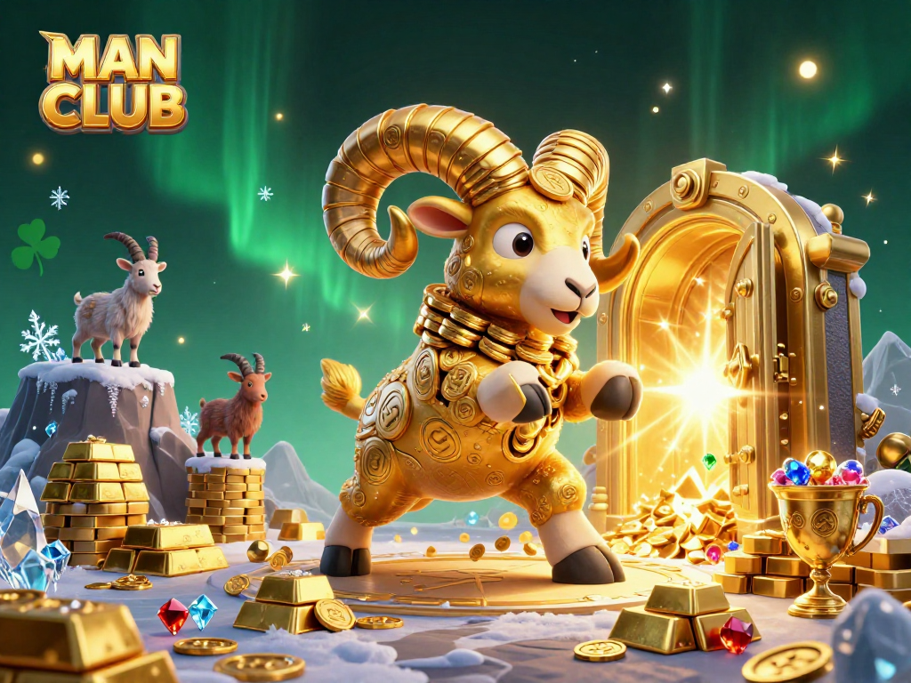 MAN CLUB scene featuring a massive golden ram charging at treasure, illuminating casino riches.
