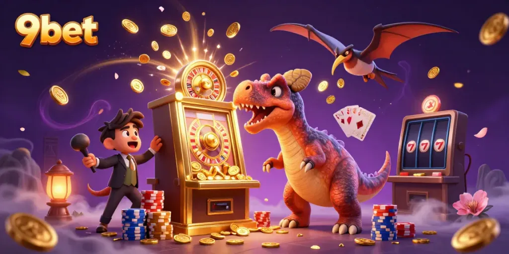 Experience thrilling jackpots at 9bet with a cartoon pachycephalosaurus winning coins at a golden slot machine!