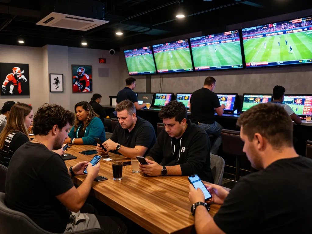Watch excited patrons place bets at the lively 789 sports betting lounge with dynamic screens.