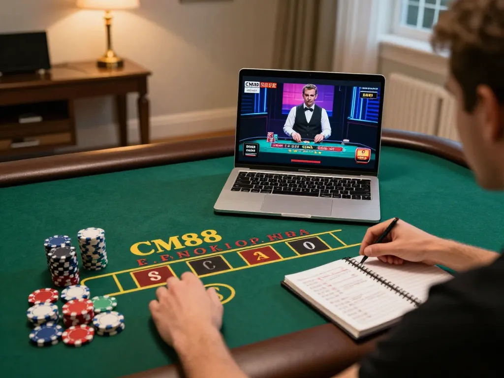 Player strategizing at CM88 live dealer blackjack table, laptop screen in focus, cozy home setting
