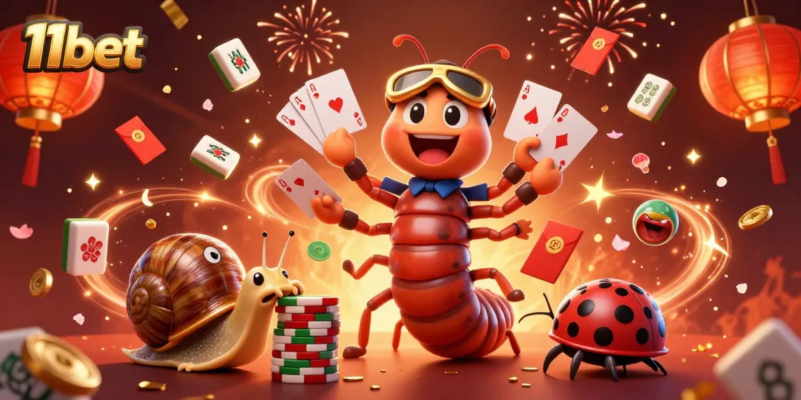 Experience the excitement of 11bet with a dynamic casino scene featuring a millipede dealer and colorful game elements.