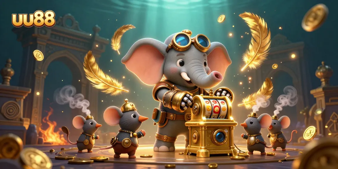 Spin the golden slot machine at uu88 with a steampunk elephant engineer, combining luck and skill for big wins.
