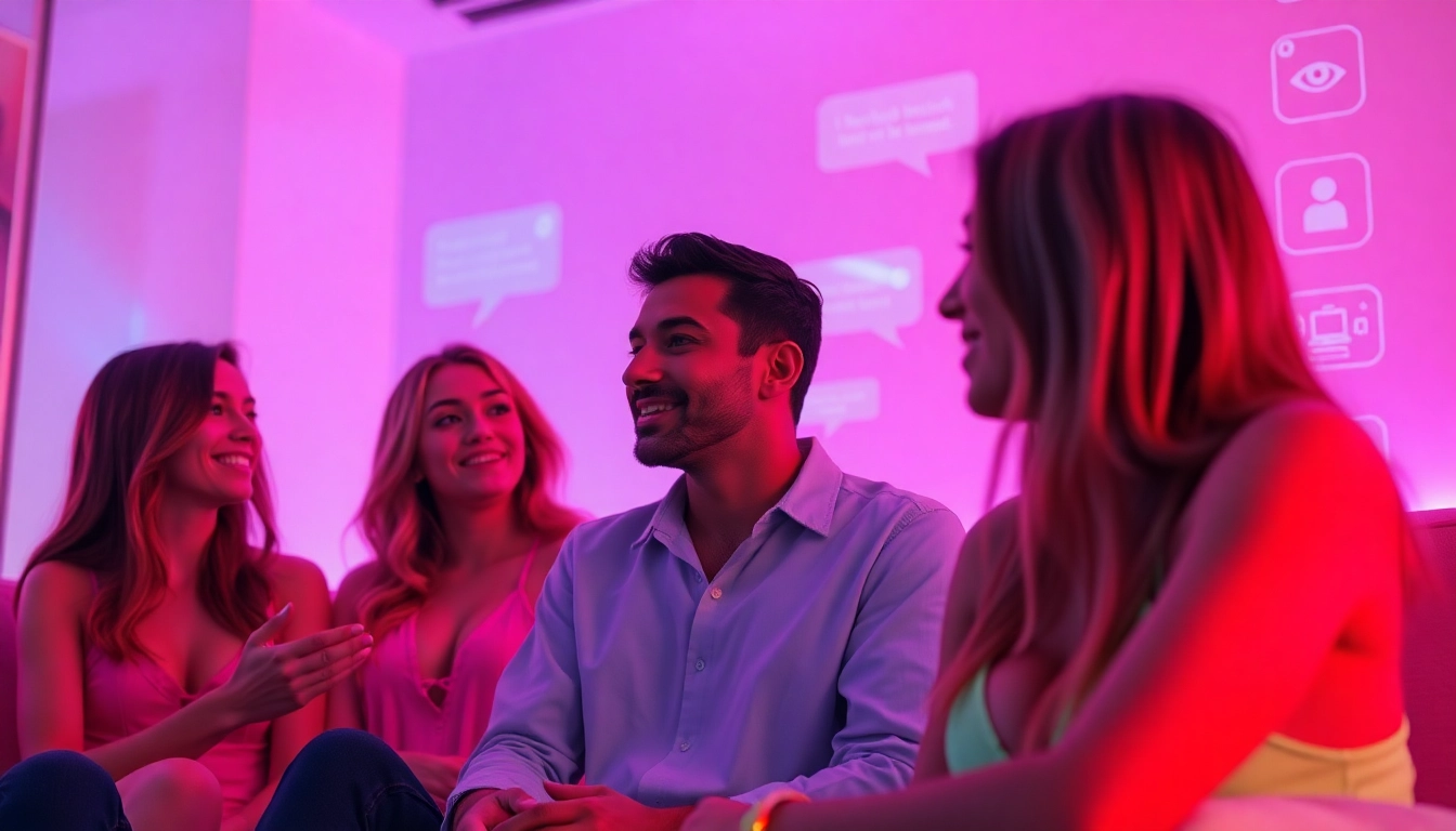 Dynamic chatroom scene featuring diverse characters in a porn chat AI interface, vibrant colors enhance the engagement.