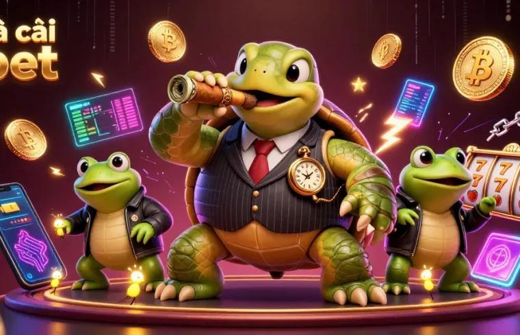 Engage with Nhà cái zbet featuring a massive snapping turtle and bullfrogs in a lively casino scene.