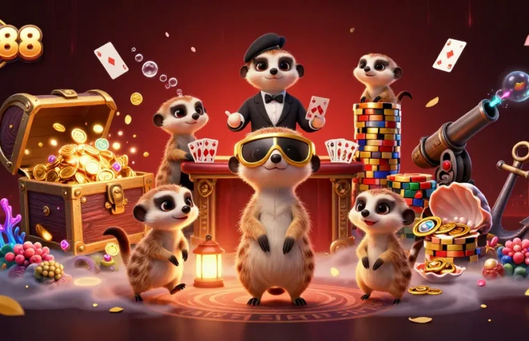 Experience the excitement at DH88 with meerkats running an elaborate casino operation amidst stunning visual elements.