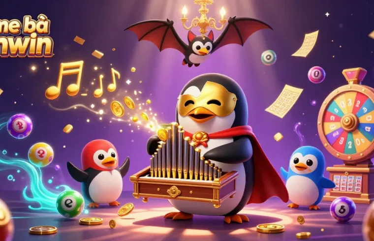 Experience game bài sunwin with a thrilling 3D scene of a penguin playing an organ as lottery balls bounce around.