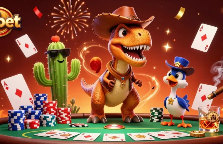 Fabet embraces thrilling poker action with a cowboy dinosaur and friends. Join the fun!