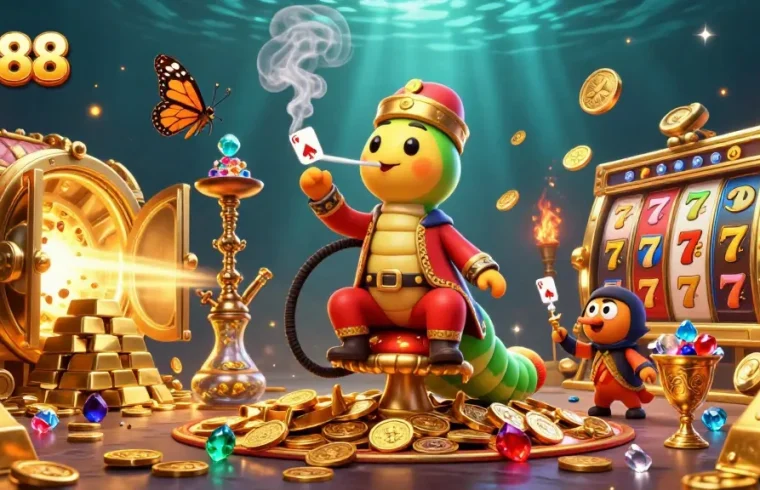 Ao88 offers thrilling poker experiences with a vibrant 3D gaming illustration showcasing excitement and treasure.