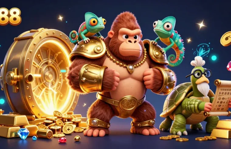 Experience excitement with the 3D cartoon characters of xo88 surrounded by casino treasures.