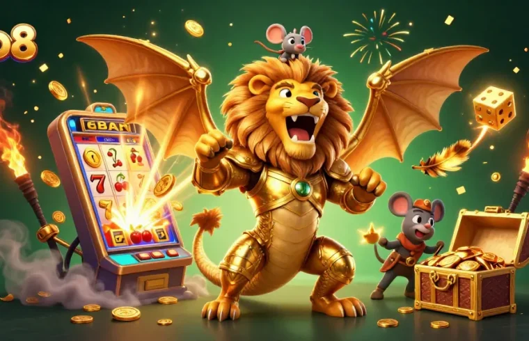 Experience the thrill of alo8 with a golden chimera and jackpot explosions in a vivid casino scene.