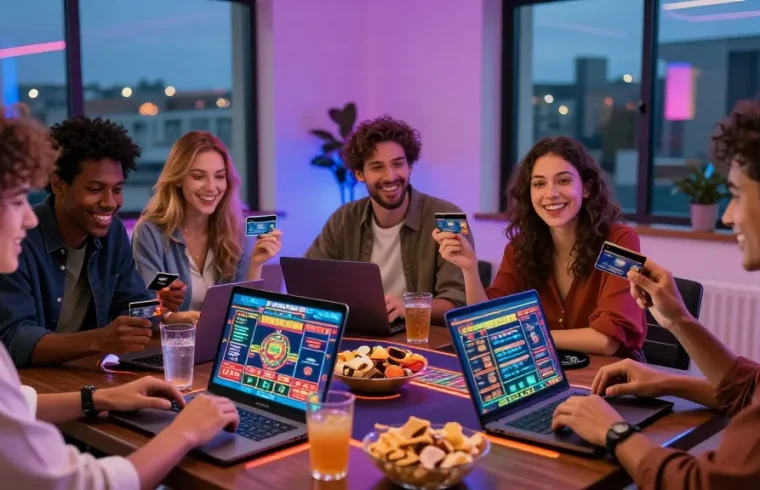 Friends enjoying a credit card casino experience at home celebrating wins, featuring https://crownwoods.org.uk in vibrant modern setup.