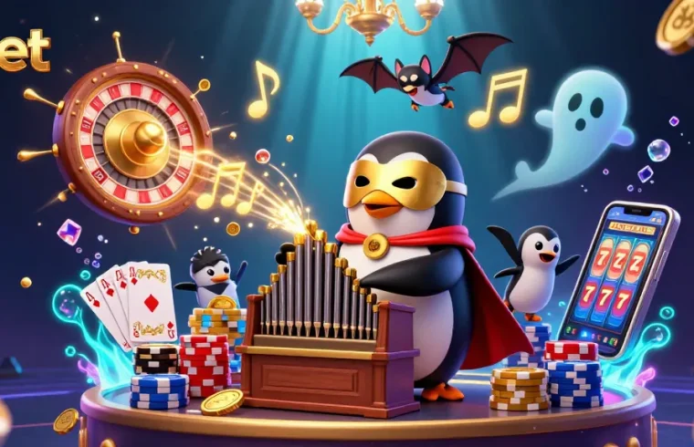 Play with nbet's exciting games amidst a lavish casino scene of dazzling characters and golden coins.