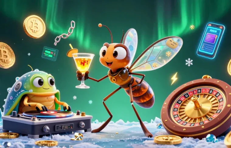 Nohu mascot bringing casino fun, featuring a frozen mosquito, trilobite DJ, and golden roulette wheel.