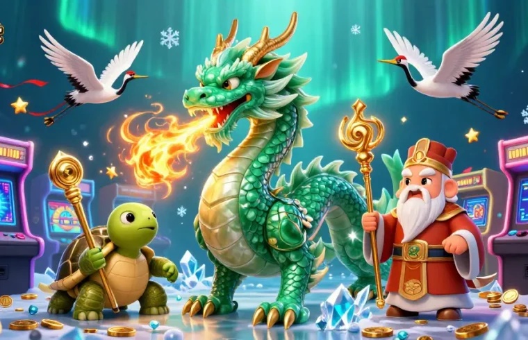 Engage with fabet com in a dynamic casino scene featuring a jade dragon and arcade games.